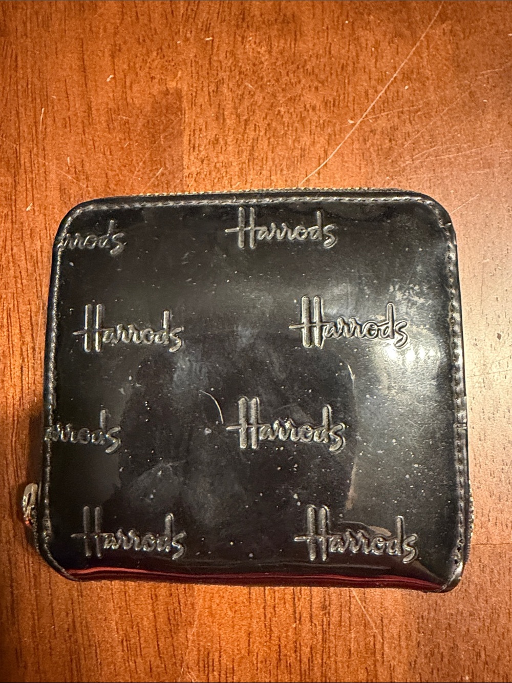 Harrods Black Patent Leather Zip Wallet with Embossed Logo